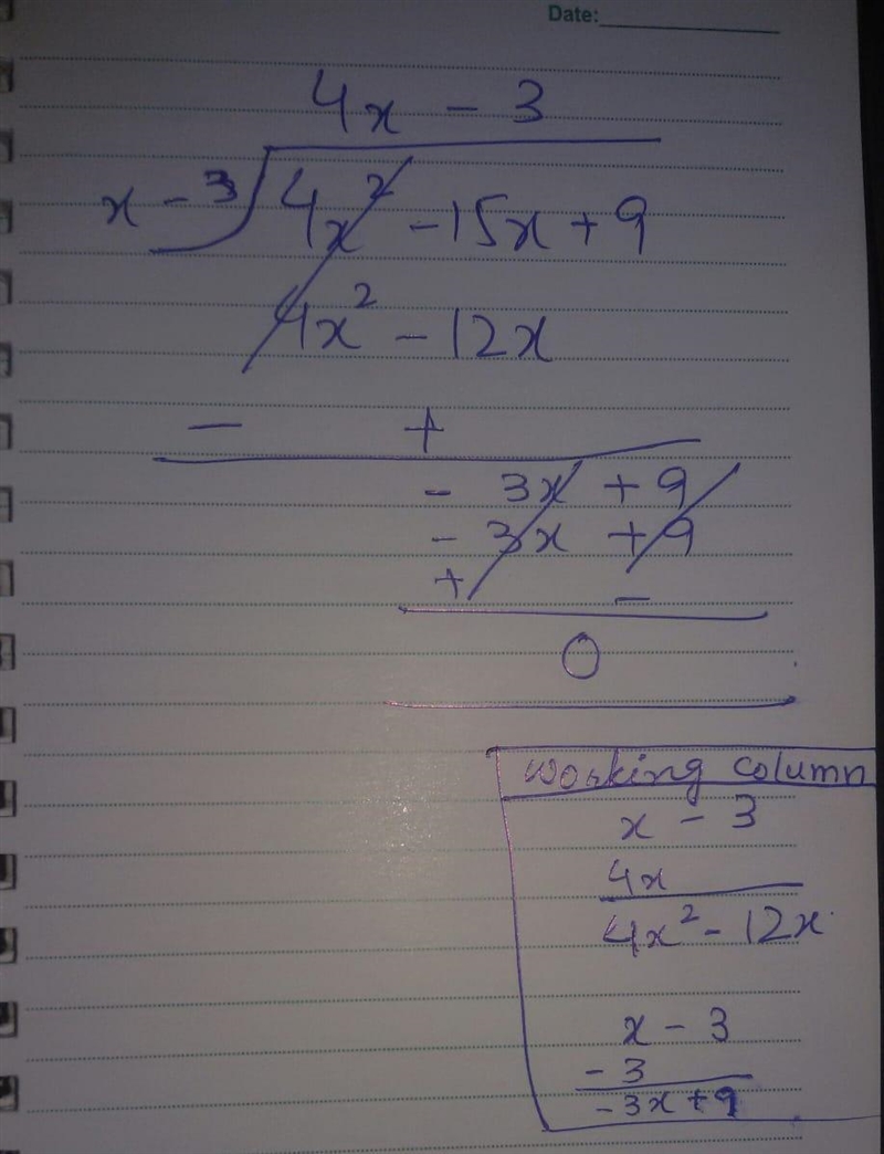 What is the quotient of (4x2 − 15x + 9) ÷ (x − 3)?-example-1