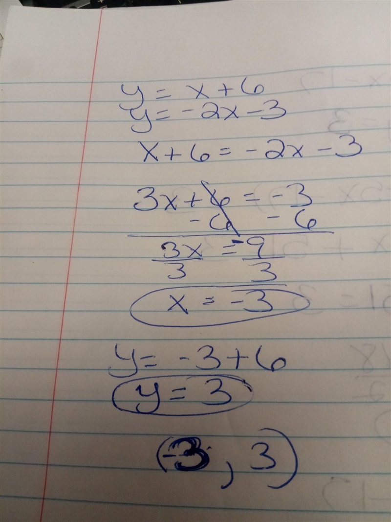 Solve the system of equations using substitution. y = x + 6 y = –2x – 3 (4, –11) (1, 7) (–3, 3)-example-1