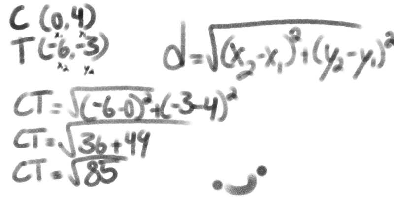 Find the distance between these points. C(0, 4), T(-6, -3) √(37) √(85) √(109)-example-1