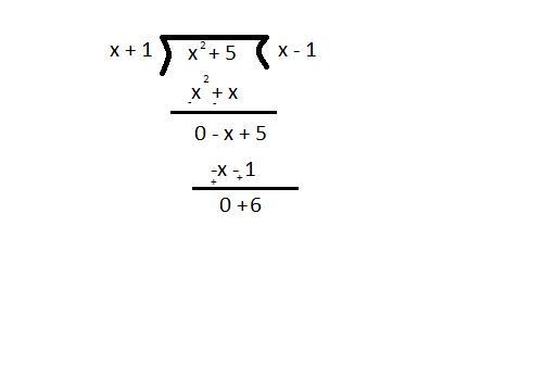 NEED HELP! Thanks (: what is the reaminder when x^2+5 is divided by x+1?-example-1