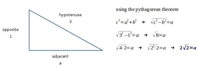 The hypotenuse of a right triangle is 3cm and one of the legs is 1cm. What is the-example-1