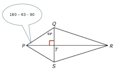 In kite PQRS, m∠TQP=63°. Identify m∠QPT.-example-1