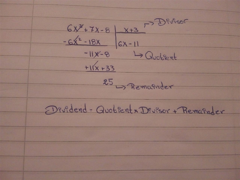 Divide using synthetic divison. (6x^{2} +7x-8) ÷ (x+3)-example-1