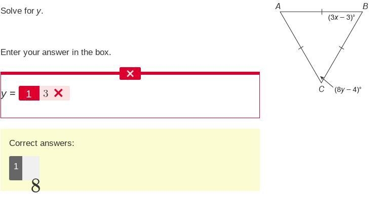 Solve for y. Enter your answer in the box. y = An equilateral triangle A B C. Side-example-1