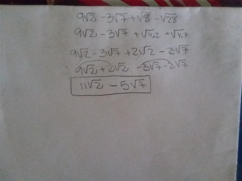 Simplify and explain how you got the answer: 9√2 - 3√7 + √8 - √28 Answer: A. 11√2 - 5√7 B-example-1