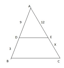 A line parallel to a triangle’s side splits one side into lengths of 9 and 3. The-example-1