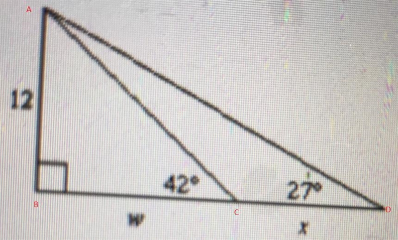 What are the values of w and x in the triangle below? Round the answers to the nearest-example-1