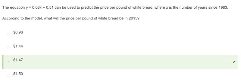 The equation y equals 0.03 x + 0.51 can be used to predict the price per pound of-example-1