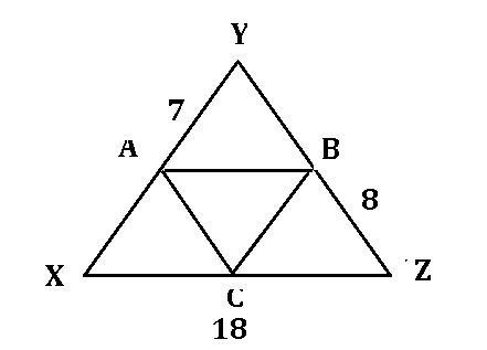 1. In triangle XYZ, A is the midpoint of XY, B is the midpoint of YZ, and C is the-example-1