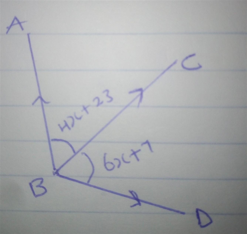 . ∠ABC is adjacent to ∠CBD. If the m∠ABC=4x+23, m∠CBD=6x+7, and m∠ABD=130°, what is-example-1