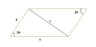 A parallelogram has sides of 18 and 26 ft, and an angle of 39° . Find the shorter-example-1