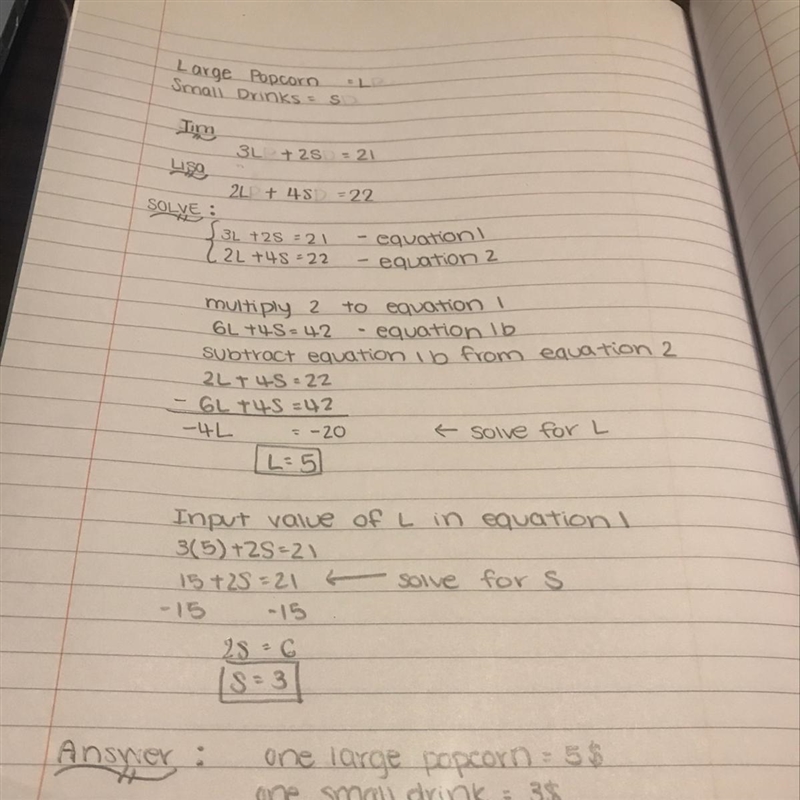 At the movies, Tim bought 3 large popcorn buckets and 2 small drinks for $21. Lisa-example-1