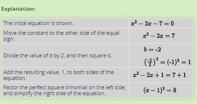 Complete the square to rewrite x2 − 2x − 7 = 0 in the form (x − h)2 = c, where h and-example-1