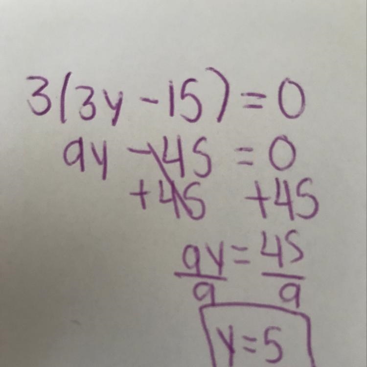 What is the value of y in the equation 3(3y − 15) = 0? A) 5 B) 6 C) 7 D) 9-example-1