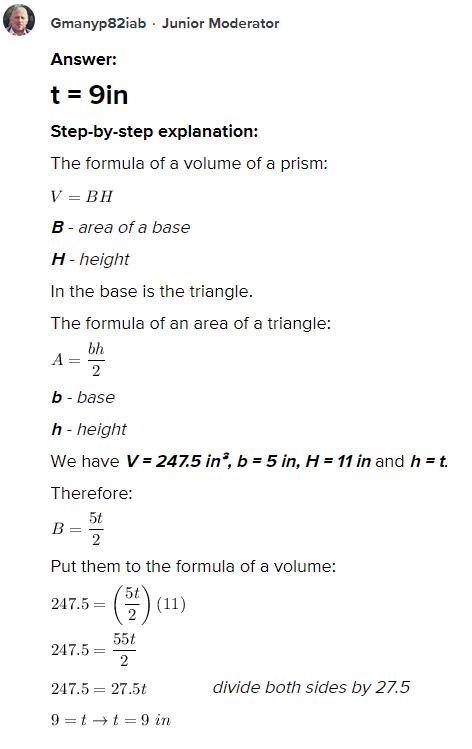 The volume of this triangular prism is 247.5 cubic inches. What is the value of t-example-1