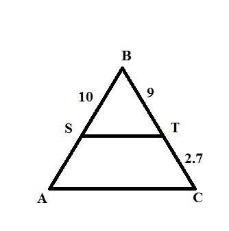 Triangle A B C is cut by line segment S T. Line segment S T goes from side A B to-example-1