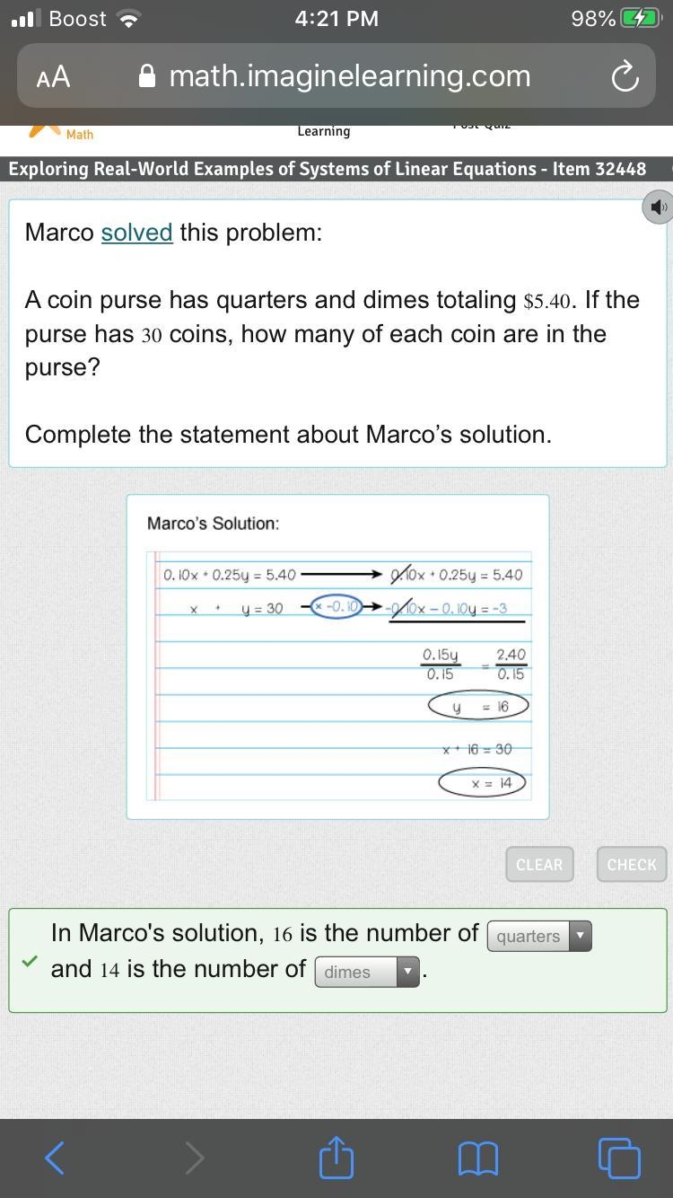 HELP!!! Marco solved this problem: A coin purse has quarters and dimes totaling $5.40. If-example-1