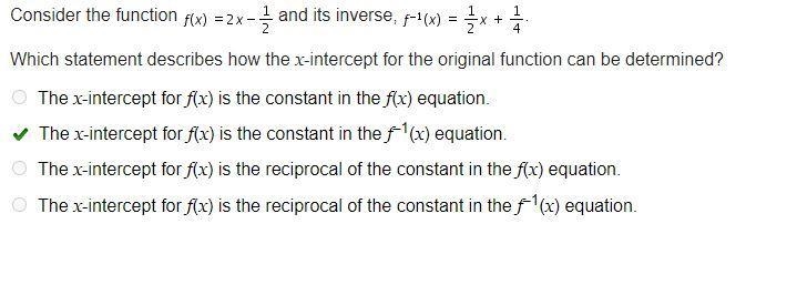 Consider the function and its inverse, . Which statement describes how the x-intercept-example-1