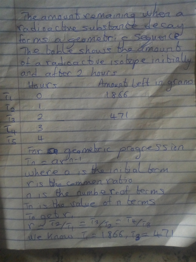 When radioactive substances decay, the amount remaining will form a geometric sequence-example-1