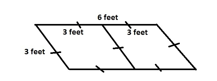 A parallelogram with opposite congruent sides of 6 feet and 3 feet can be divided-example-1