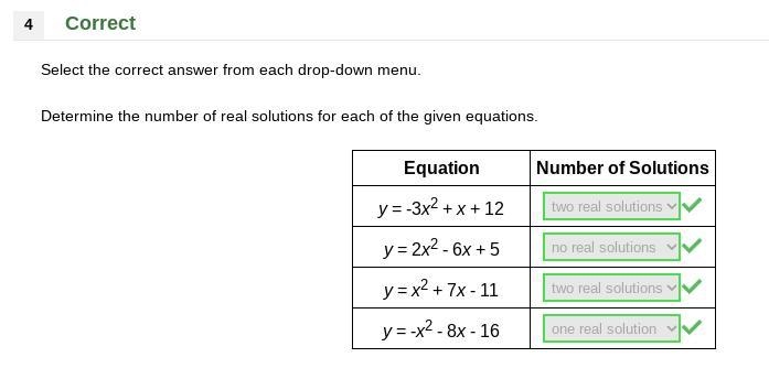 Determine the number of real solutions for each of the given equations. Equation Number-example-1