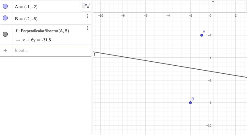 write the equation of the perpendicular bisector that goes through the line segment-example-1