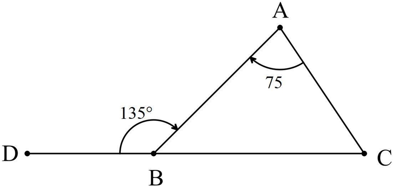 Triangle A B C is shown with its exterior angles. Line C B extends through point D-example-1