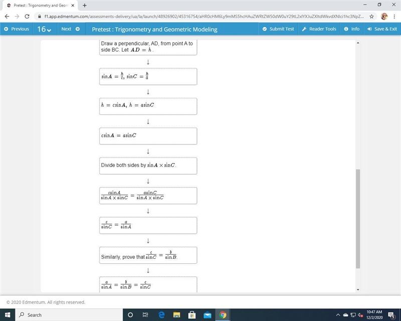 help! The steps to prove the Law of Sines with reference to ∆ABC are given. Arrange-example-1