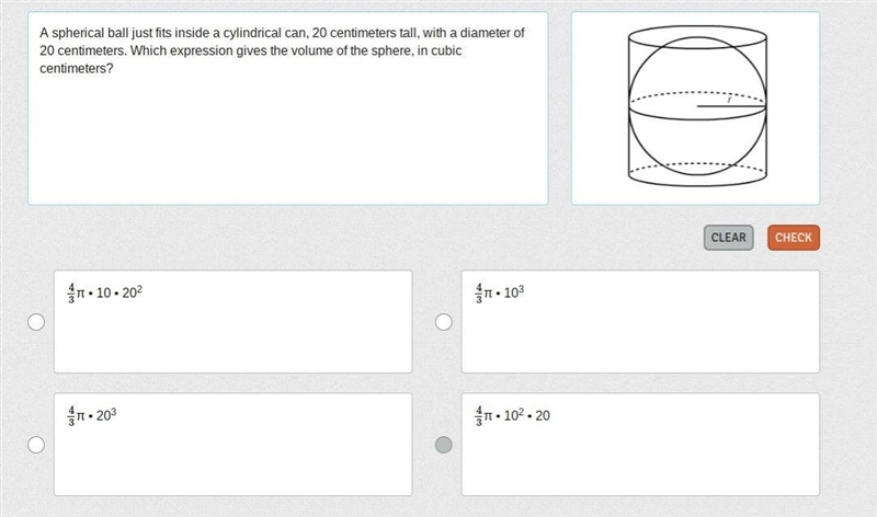 A spherical ball just fits inside a cylindrical can, 20 centimeters tall, with a diameter-example-1