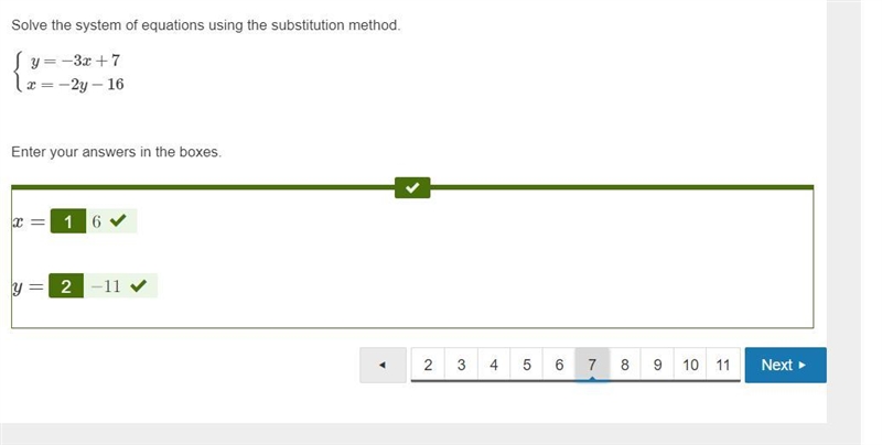 Solve the system of equations using the substitution method. {y=−3x+7x=−2y−16 Enter-example-1