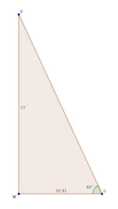 ΔUVW, the measure of ∠W=90°, the measure of ∠U=65°, and VW = 77 feet. Find the length-example-1