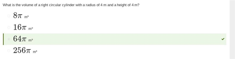 What is the volume of a right circular cylinder with a radius of 4 m and a height-example-1