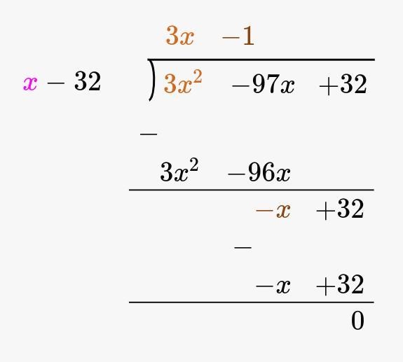 Simplify the expression using long division. (3x2 – 97x + 32) ÷ (x – 32) Question-example-1