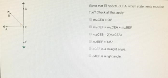 Given that Ray E B bisects ∠CEA, which statements must be true? Select three options-example-1