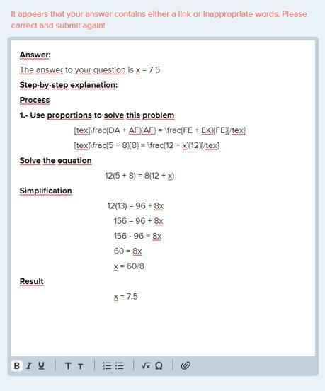 Given DA=5, A F=8, KE=x, and EF=12. What must the value of x be in order to prove-example-1