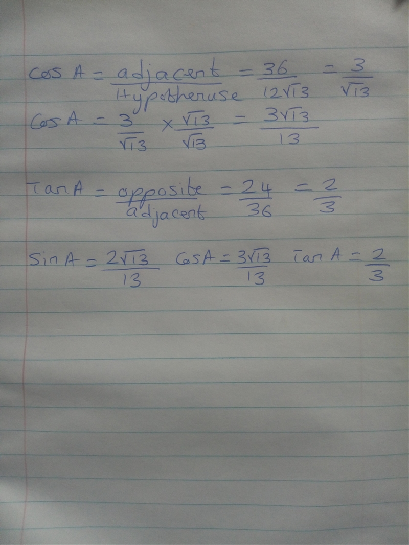 Find the values of the sine, cosine, and tangent for angle A-example-2