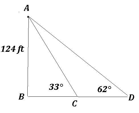 A man standing on a lighthouse at a height of 124 feet sights two boats directly in-example-1