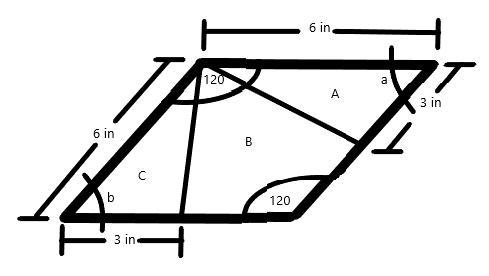 A rhombus has four 6-inch sides and two 120-degree angles. From one of the vertices-example-1