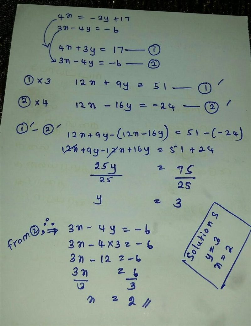 A system of equations is shown below: 4x = - 3y + 17 3x - 4y = - 6 What is the solution-example-1