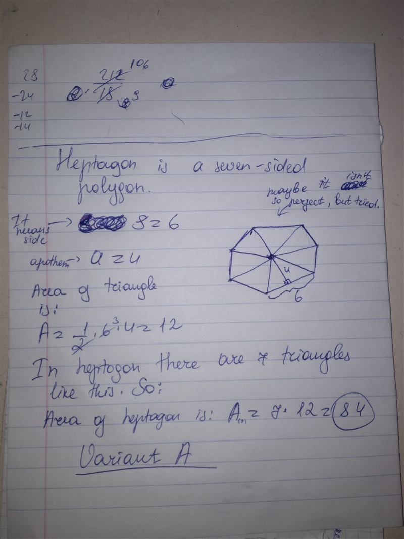 Find the area of a regular heptagon with a side length of 6 and an apothem of 4 A-example-1