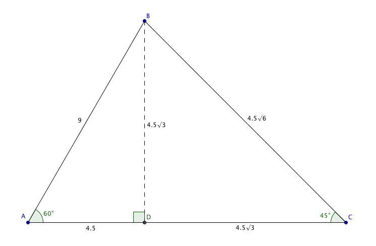 Given: △ABC, m∠A=60°, m∠C=45°, AB=9 Find: Perimeter of △ABC, Area of △ABC-example-1