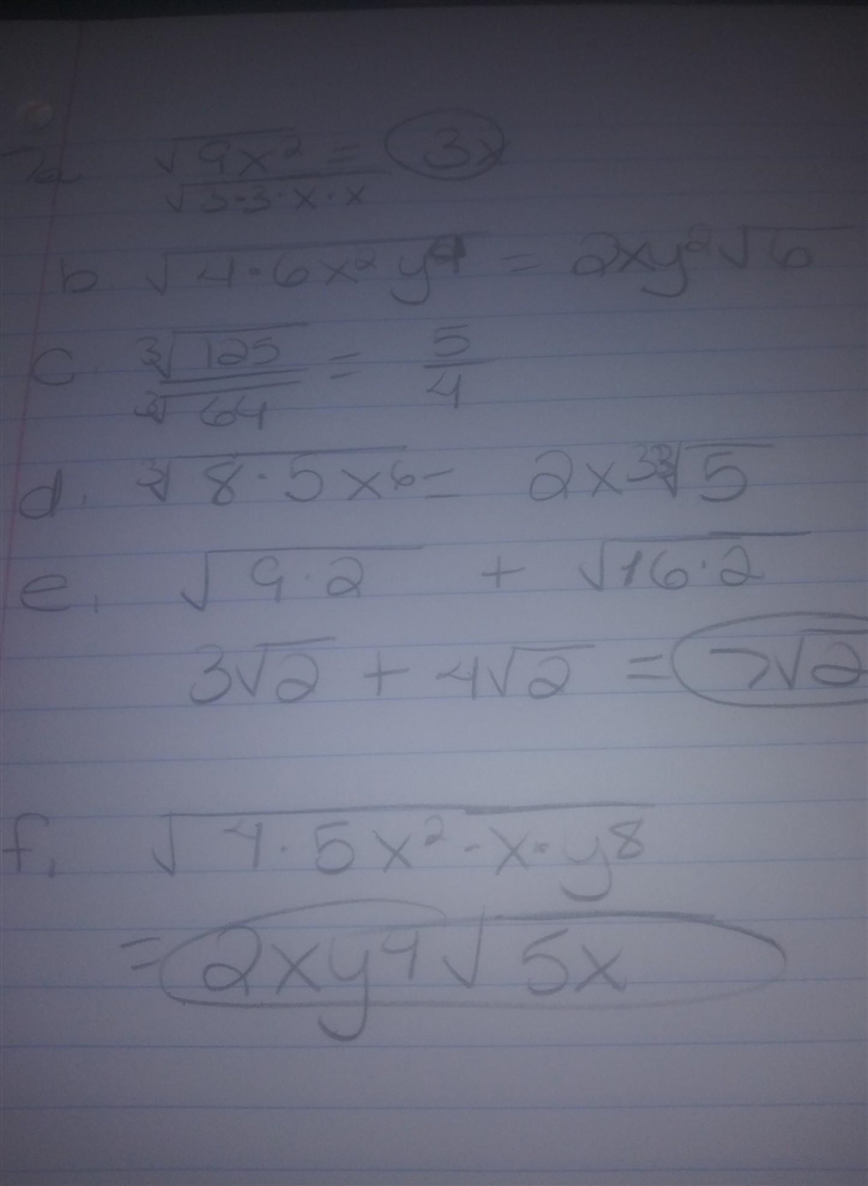 Solve questions 7a-7f using the properties of radicals. please put answers in simplified-example-1