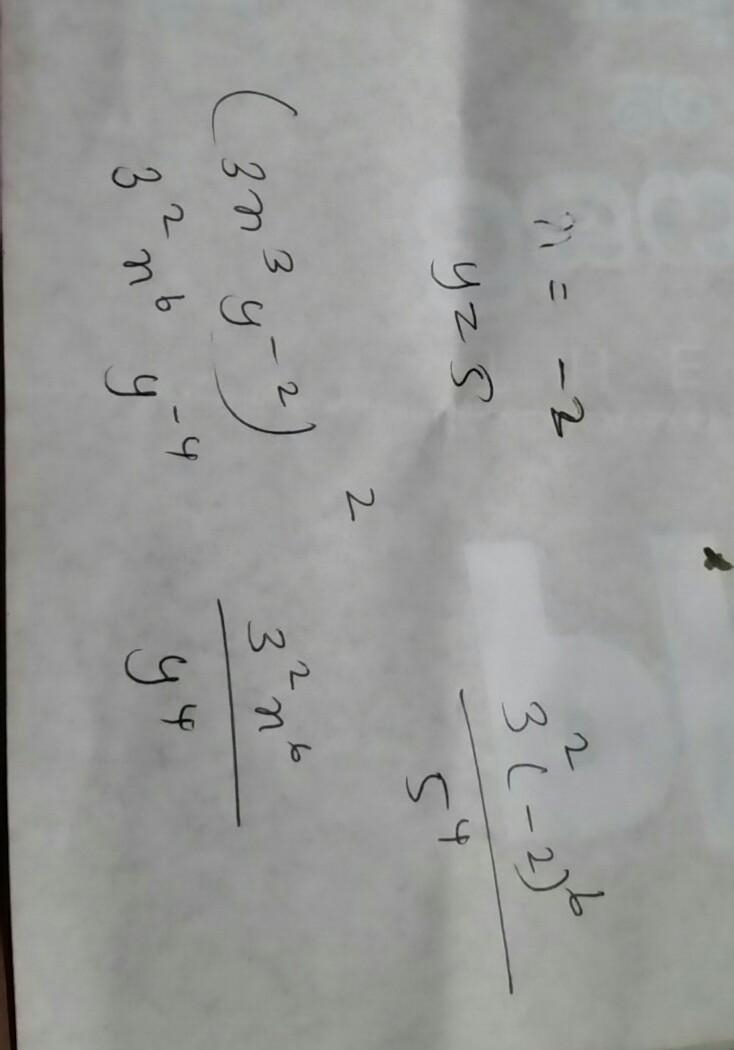 Which shows how to find the value of this expression when x=-2 and y=5? (3x^3y^-2)^2-example-1