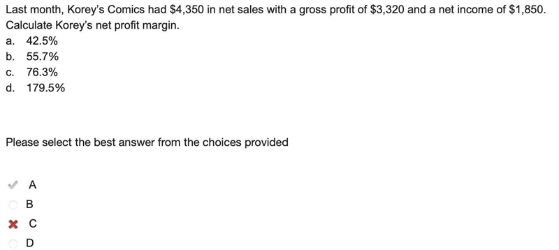 Last month, Koreyâs Comics had $4,350 in net sales with a gross profit of $3,320 and-example-1