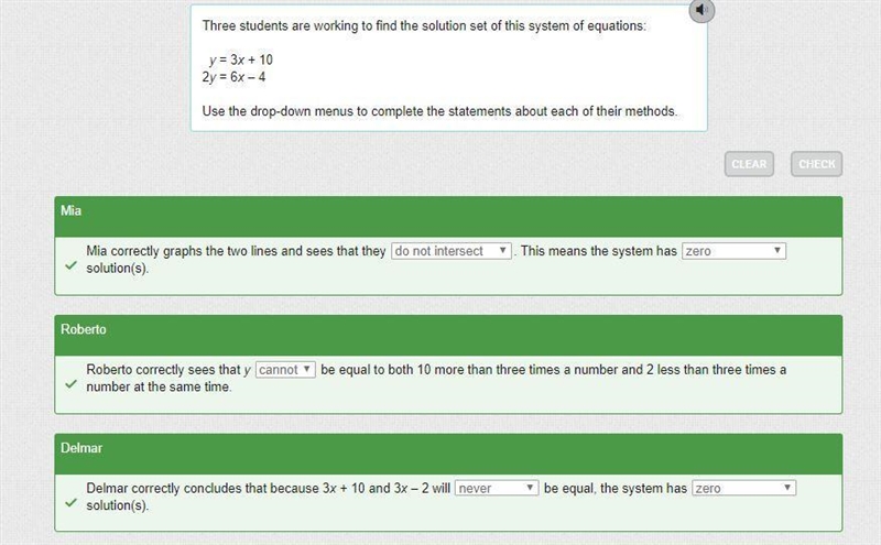 Three students are working to find the solution set of this system of equations: y-example-1