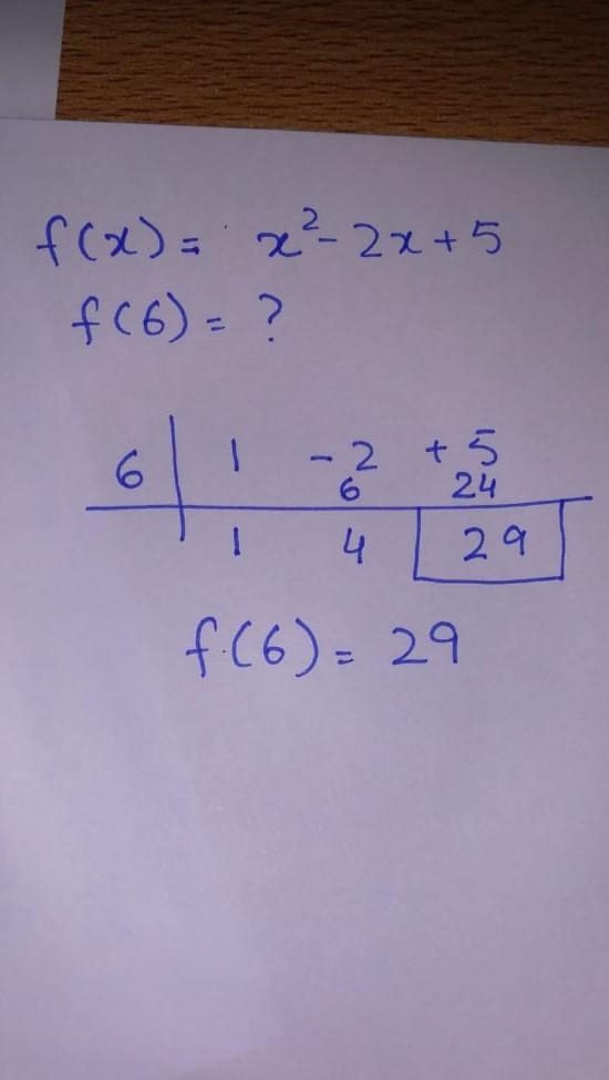 Find f ( 6 ) using synthetic division if f ( x ) = x^2 − 2x + 5.-example-1