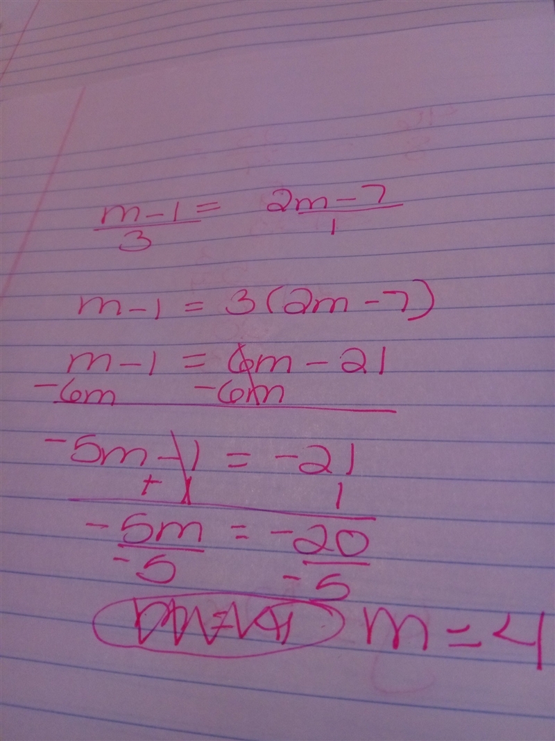 M−1/3= 2m − 7 options: A. m = 6 B. m = 4 C, m = 5 D. m = -3-example-1