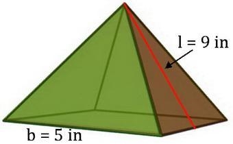 Identify the lateral area and surface area of a regular square pyramid with base edge-example-1