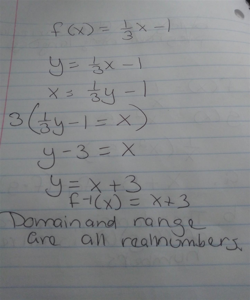 Determine the domain and range for the inverse of f(x)=1/3x - 1-example-1