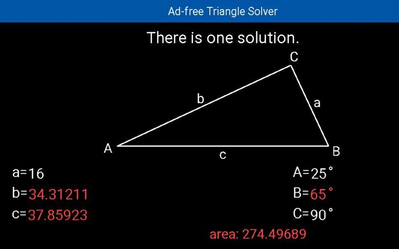 Find the missing angle and side measures of abc, given that A=25, C=90, and CB=16-example-1